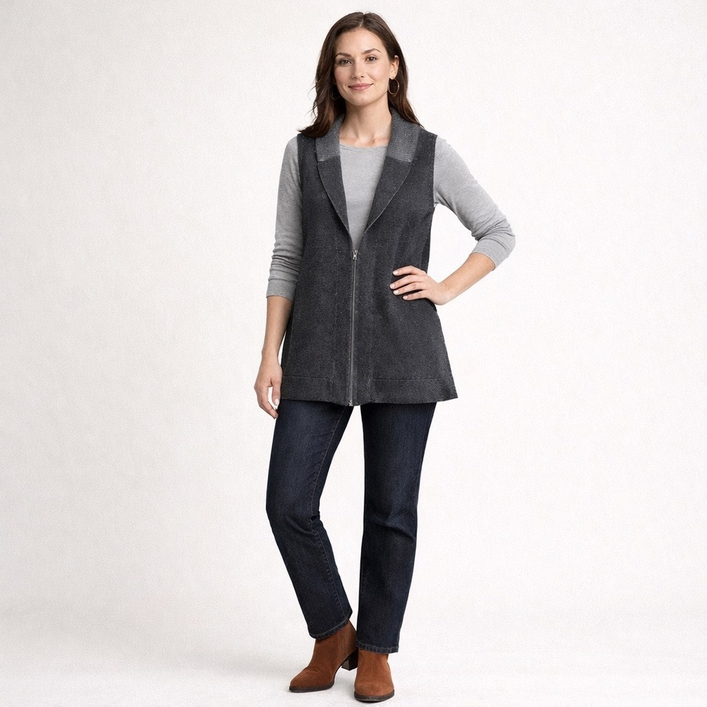 Eileen Fisher Organic Cotton Zip Front Sleeveless Vest Sz M Gray Sustainable